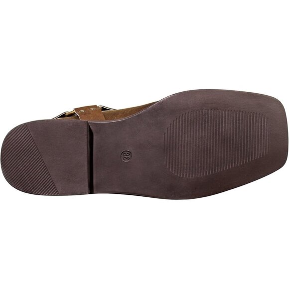 Women's Brown Buckle Strap Wide Calf Square Toe Western Riding Cowgirl Boots - Picture 8 of 9